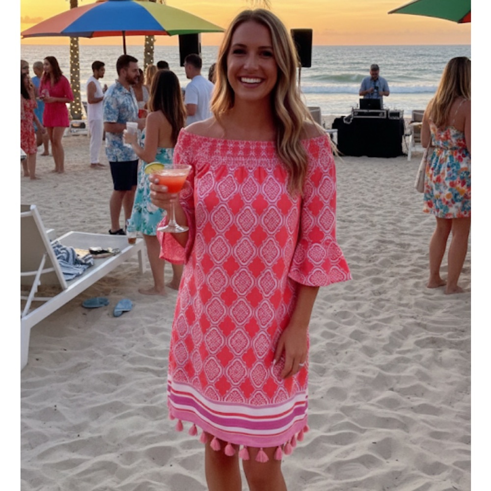 Cabana Life Pink Off-Shoulder Mini Dress with Tassel Hem